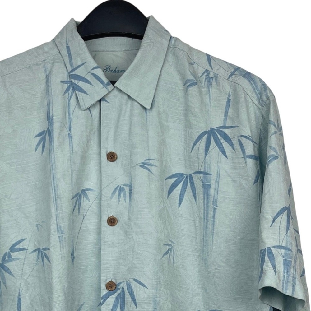Tommy Bahama Mens Large Silk Bamboo Palm Tree Embroidered Camp Shirt Blue